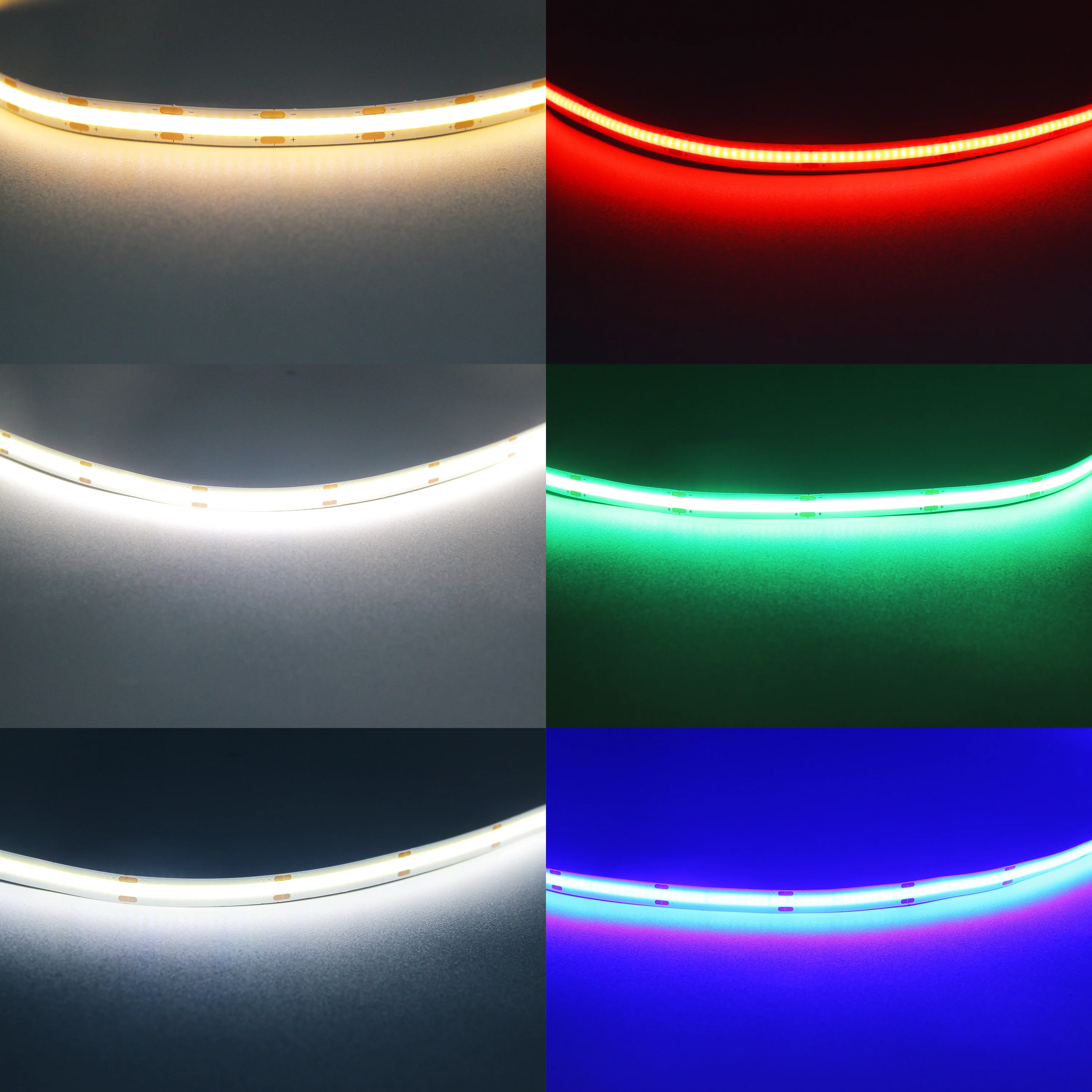 FCOB LED 스트립 조명 고밀도 유연한 테이프 라이트 레드, 캐비닛 주방 침실 옷장용, 녹색 파란색, 3000-6000K, DC 12V, 24V