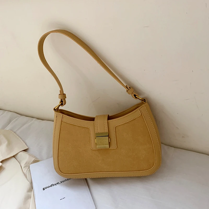 

Burminsa Vintage Suede Underarm Bags For Women Chic Design Lock Shoulder Bags High Quality PU Leather Crossbody Bags Yellow Blue