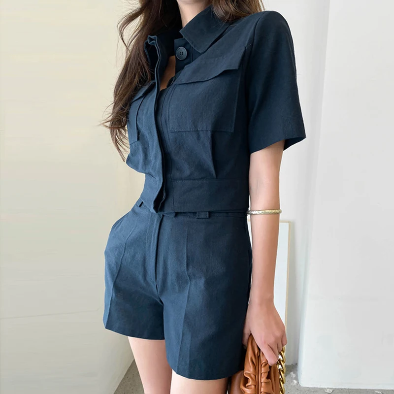 New Fashion Korean Style Y2K Summer Women 2 Pieces Outfit Suit Formal Casual Short Cropped Tops Shirt Blouse And Shorts Slim Set 6