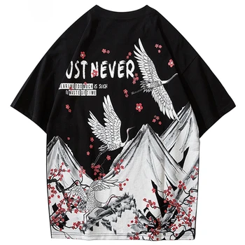 

2020 Japanese Streetwear Men Sakura Crane Harajuku Hip Hop T-shirt Men Summer Oversized Black Short Sleeve Shirts Men Hipster