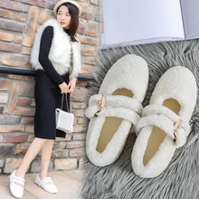 С натуральным кроличьим мехом теплые балетки; женская обувь на плоской подошве в Корейском стиле; с пряжкой; мокасинчики на шнурочках удобная обувь с круглым носком; Сезон Зима; зимняя плюшевая обувь на нескользящей подошве; лоферы