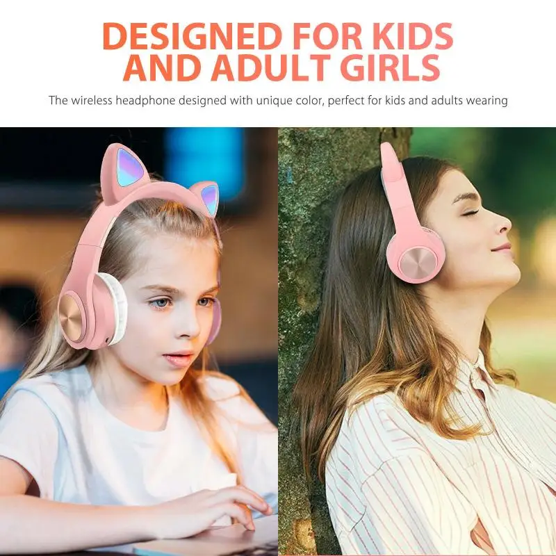 Kids Bluetooth 5 0 Headphones LED Light Cat Ears Headset Wireless Headset HIFI Stereo Bass Headphone For Phones With Microphone