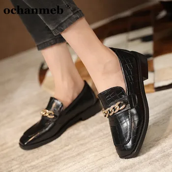 

ochameb Gold Metal Chain Shoes Largest Size 48 Women Flats Stone Pattern PU Leather Loafers Square Toe Casual Shoes Lady 34-48