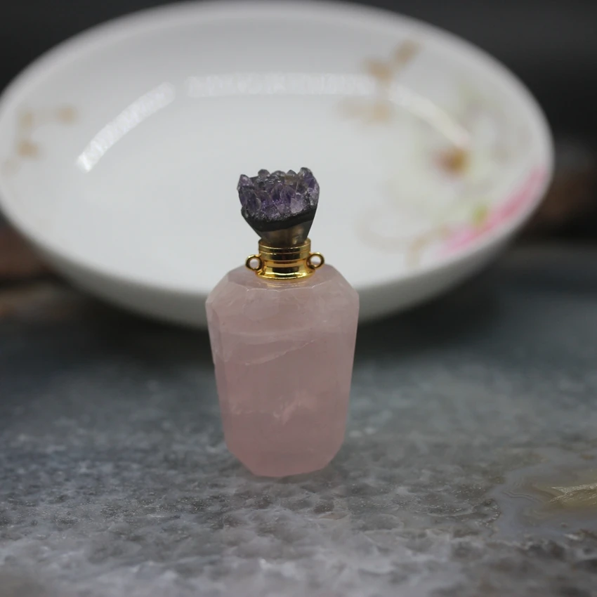 Новинка! Geode Druzy шапки розовый кварц Подвески флаконы духов, розовые стразы камень эфирное масло колье аромараспылитель подвески ювелирные изделия