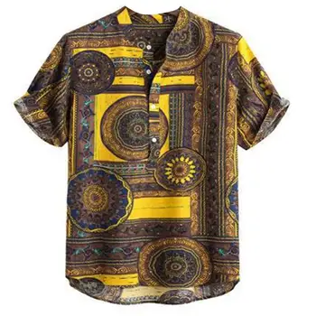 

Summer Men Color Block Ethnic Geometry Print Short Sleeve Buttons Pullover Shirt