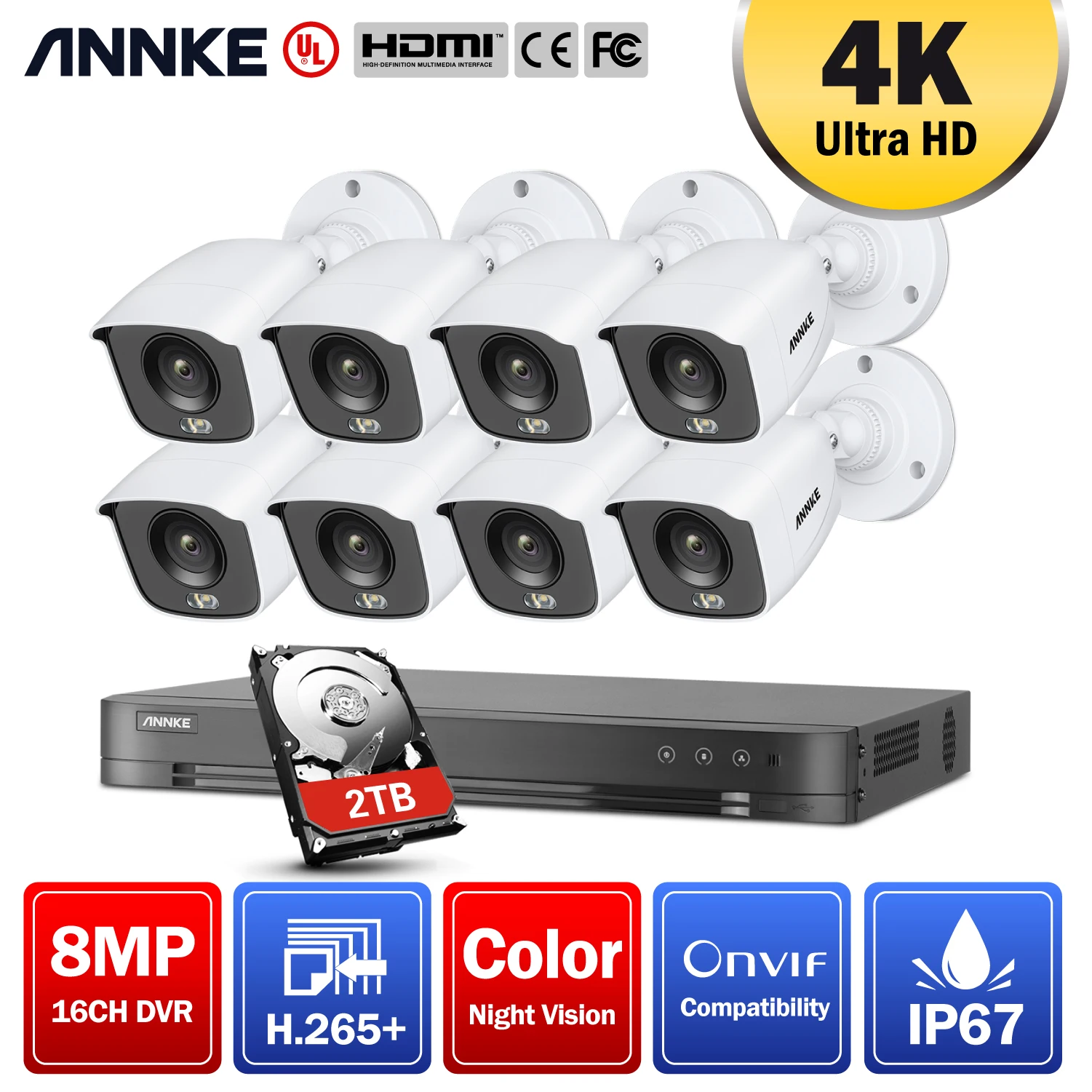 

Комплект видеонаблюдения ANNKE 4K Ultra HD 16 каналов, система безопасности H.265 + CCTV, 8 ИК-систем видеонаблюдения 8 Мп, комплект наружного видеонаблюдения с ночным видением