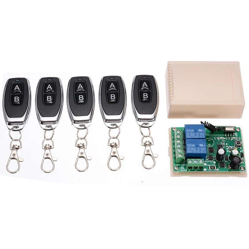 

12V 433MHZ Garage Door Wireless Remote Control Switch Receiver Transmitter Kit 2CH Relay Receiver Module +5pcs Remote Controller