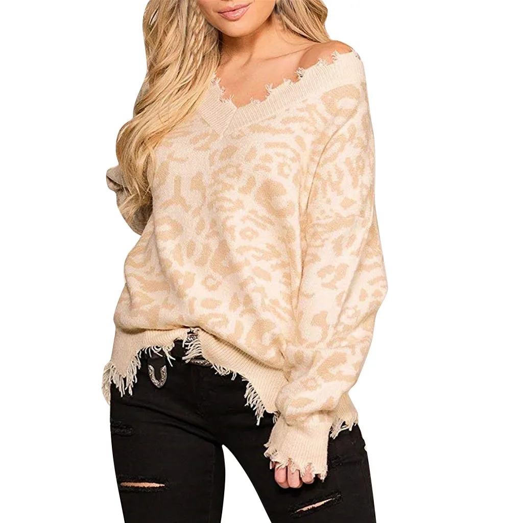Зимний женский свитер с леопардовым принтом, рваный свитер с v-образным вырезом, вязаный пуловер, джемпер, зимняя одежда для женщин, большие размеры - Цвет: Хаки