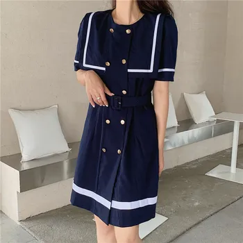 

High-quality chic Fashion Dress double-breasted navy collar Elegant dress with belt female contrast Summer Street Casual cloth