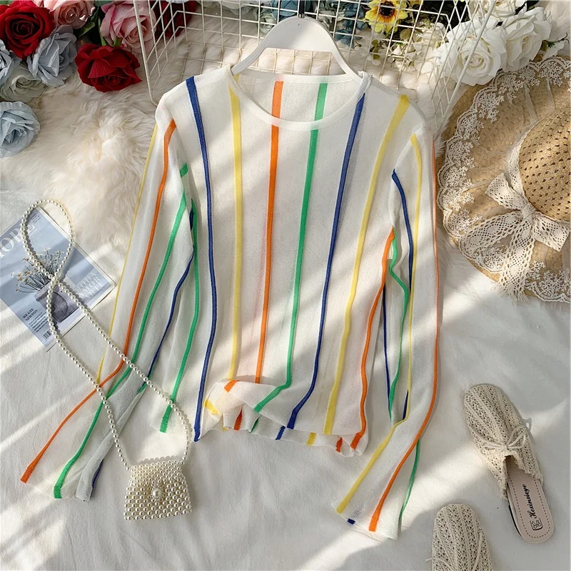 

Autumn New Vertical Stripes Pull Shirt Women All-match Sweet Long Sleeve Simple Loose Pullover Sunscreen Jacket Female Blusas