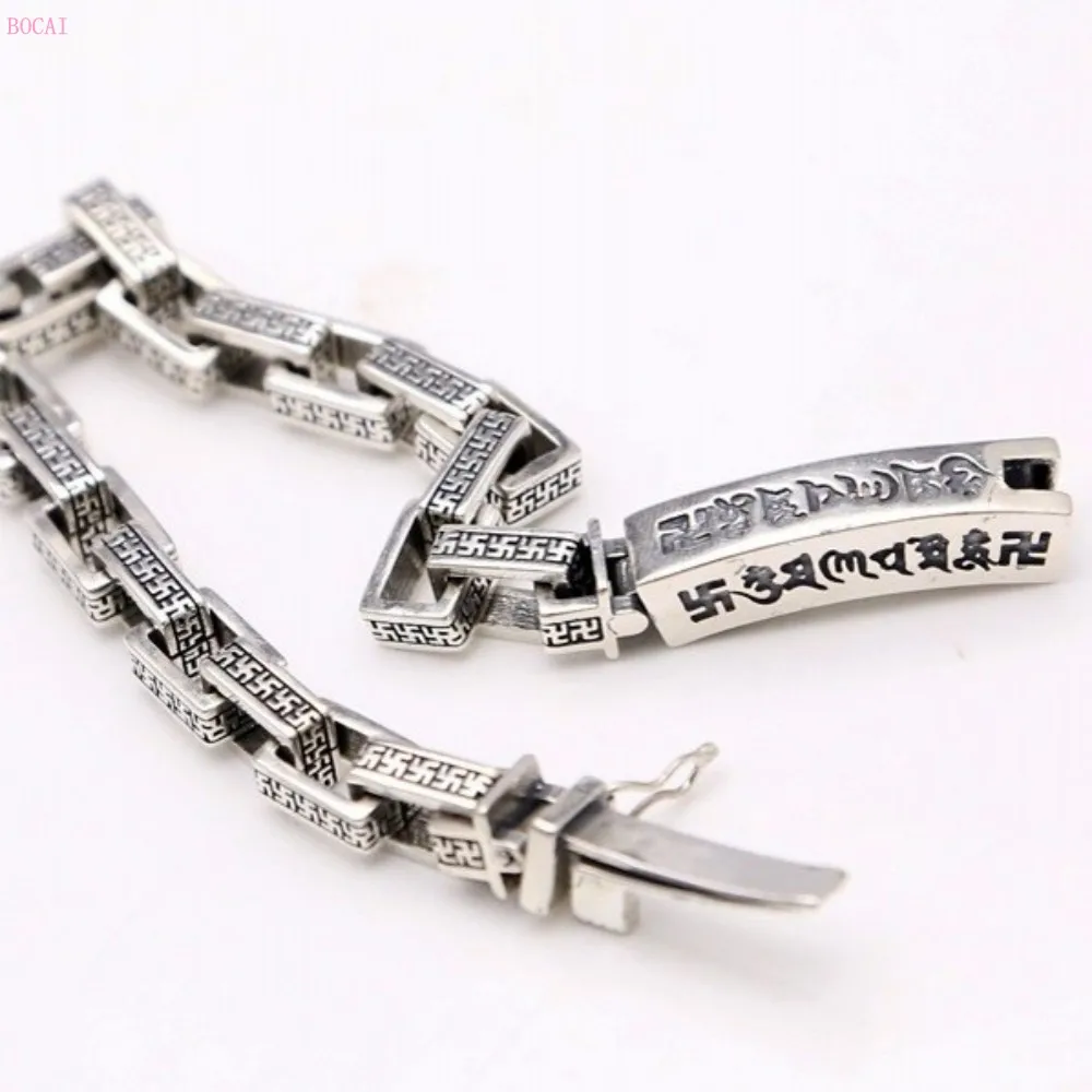 

S925 pure silver Fret Square chain Men return to ancient times Thai silver bracelet personality Box chain for men