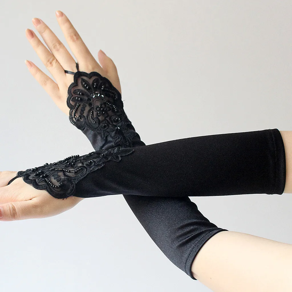 Женские Элегантные однотонные перчатки без пальцев, длинные перчатки-клатч, кружевные женские варежки с цветочным принтом, водонепроницаемые перчатки для вечеринки