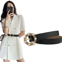 

Fashion Pu Leather Belt For Women Pearl Pin Buckle Waist Belts Designer Brand Female Jeans Trouser Dress Decoration Waistband