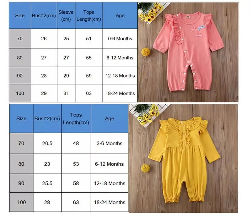 Комбинезон с длинными рукавами и рюшами для новорожденных и маленьких девочек; комбинезон для девочек; Комбинезоны на пуговицах; одежда для детей 0-24 месяцев