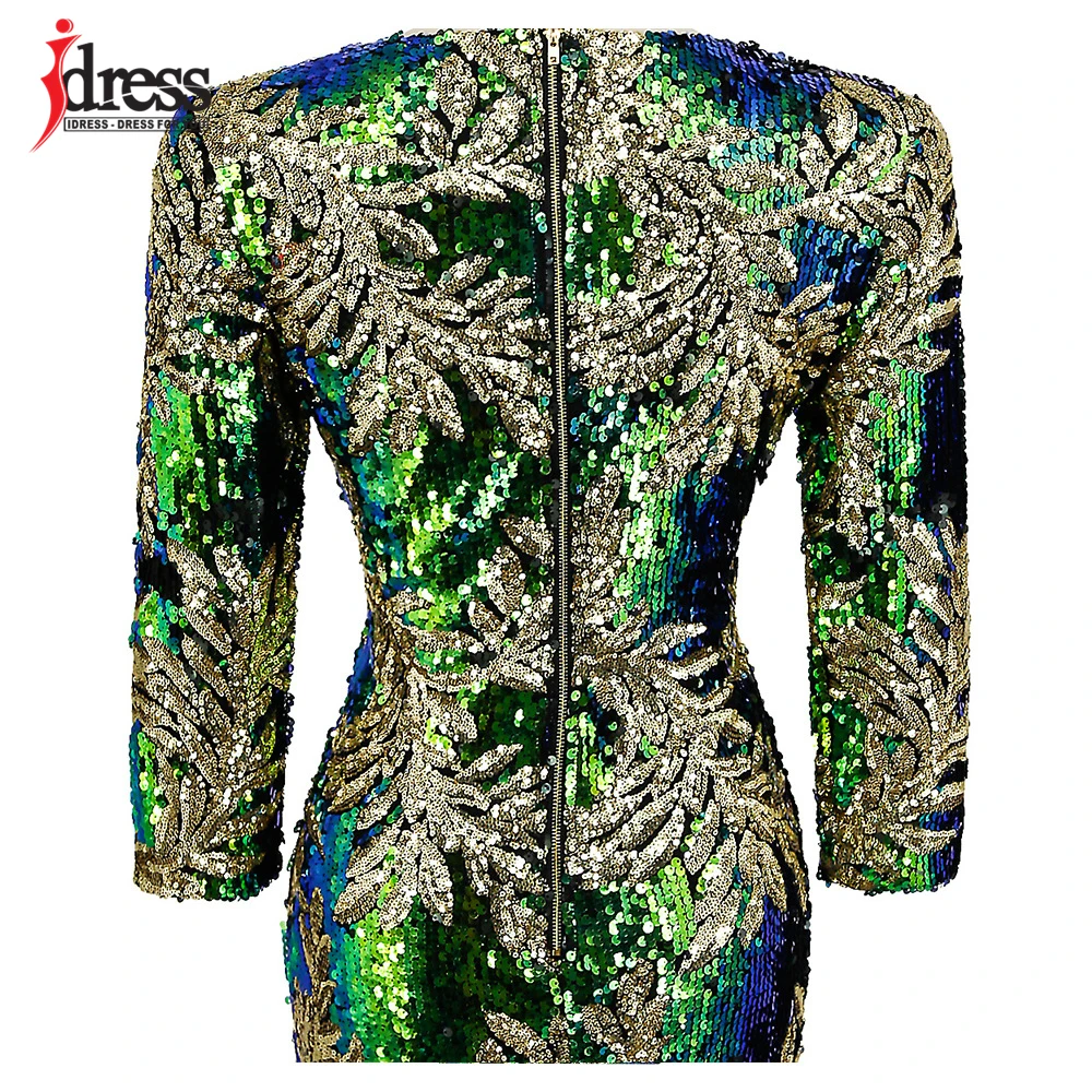IDress/Модная одежда; ; облегающее платье до колена с длинными рукавами и круглым вырезом; вечерние Клубные платья с пайетками в стиле пэчворк с зелеными листьями