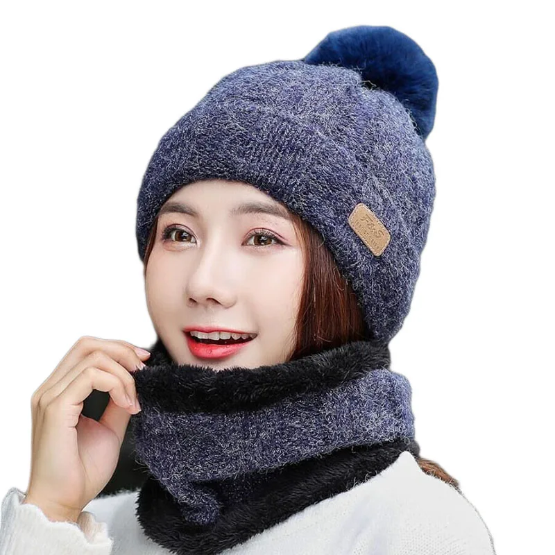 SUOGRY Hot Selling 2pcs Ski Cap And Scarf Cold Warm Leather Winter Hat for Women Knitted Hat Bonnet Warm Cap Skullies Beanies