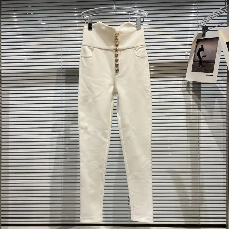 2022 Autumn Winter Women Long Panta High Street Plush THicken Waist Slim Warm Pencil Pants Gold Botton | Женская одежда
