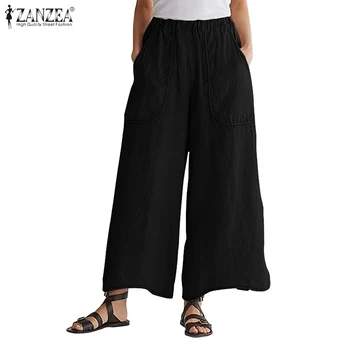 

2020 Oversized Women Wide Leg Long Trousers ZANZEA Fashion Lady Casual Elastic Waist Pockets Streetwear Pantalon Sweatpants 5XL