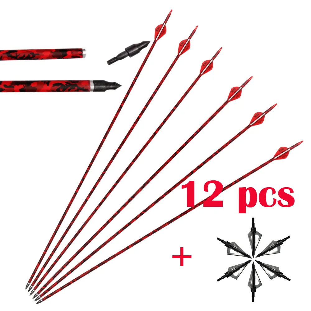 12pcs and arrowhead Красная камуфляжная стрела Spine 500 углеродная Стрела " светящиеся перья углеродные стрелы для охотничий лук и стрельба с болты - Цвет: 12pcs and arrowhead