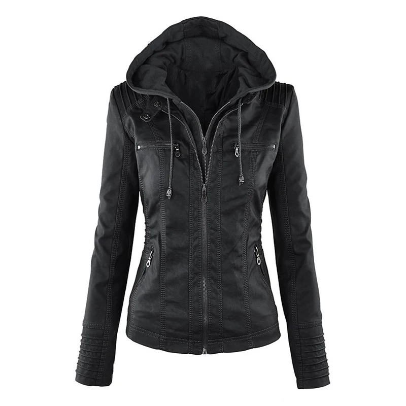 Online Chaqueta gótica de cuero de imitación para mujer con capucha chaqueta de motocicleta de invierno otoño chaqueta negra de cuero de imitación PU chaqueta 2019 caliente