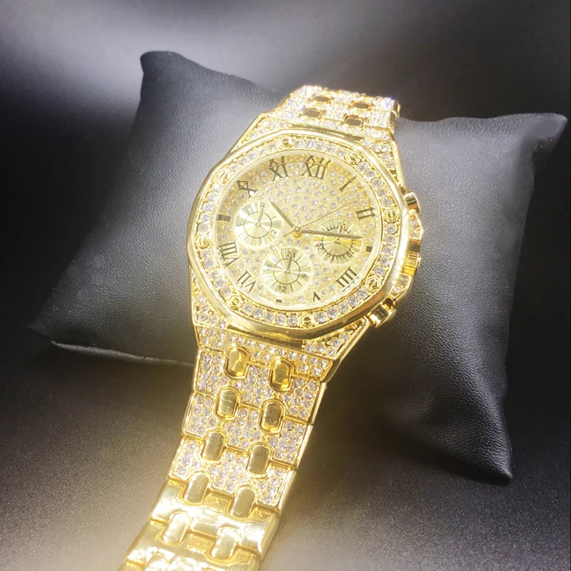 Хип хоп мужские часы Топ бренд класса люкс Iced Out кварцевые золотые бриллианты