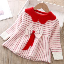 Платья для девочек, зимнее платье для девочек, платье принцессы с длинными рукавами и бантом в полоску, рождественское платье