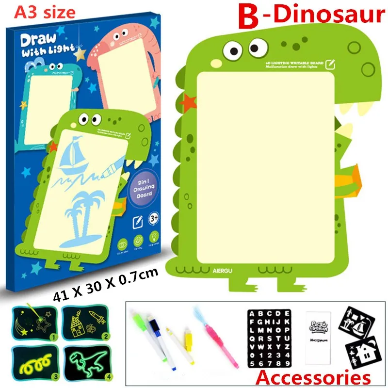 B-Dinosaur 1 шт. 2 в 1 светодиодный светящийся чертежный щит для рисования граффити, планшет для рисования, обучающая игрушка, волшебное рисование, светильник-забавная флуоресцентная ручка - Цвет: B-Dinosaur