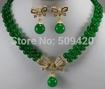 

Wholesale >2Strands new Yellow Gold fine jewelry Green jade new Round Necklace Earring