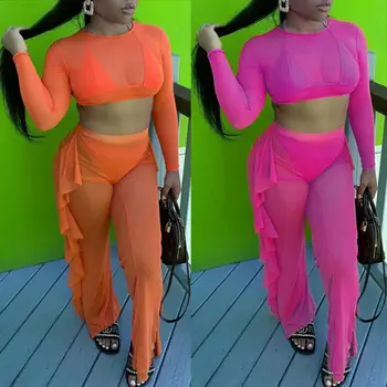 

Fashion Women Mesh See Through Casual 2-piece Suit Jumpsuit Romper Playsuit Crop Top Pants Set Casual Outfit Party Clubwear US