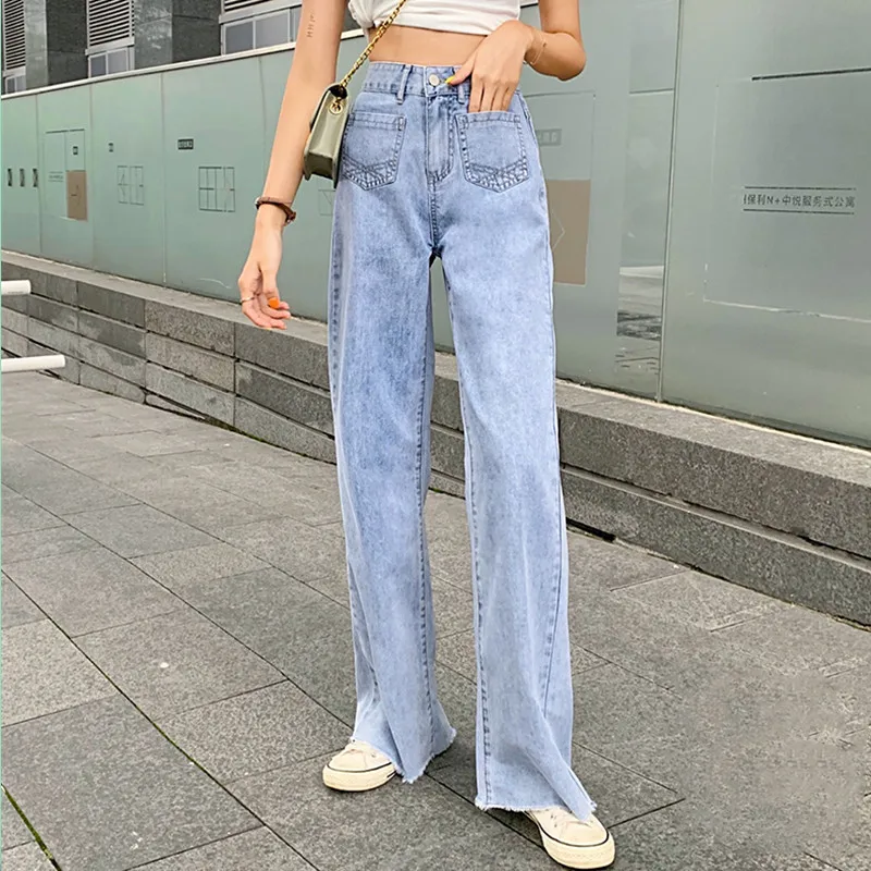 

2019 Korean Wide Leg Pants Blue Jeans for Women High Waist denim trousers Spring Autumn New Plus Size