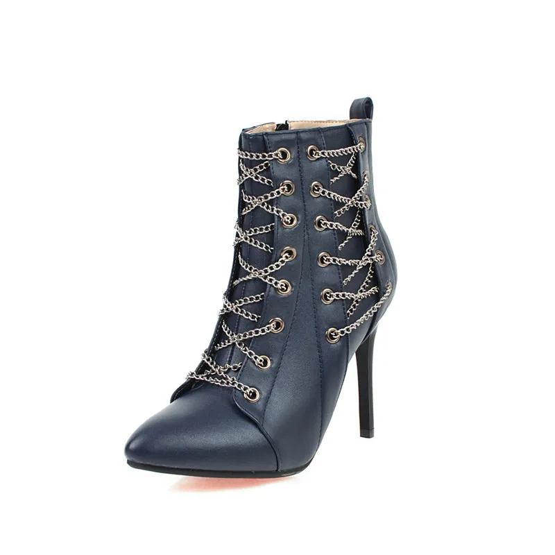 Lucyever/женские ботильоны из искусственной кожи модные ботинки в стиле панк с острым носком на тонком высоком каблуке и цепочкой обувь на шпильке; большие размеры 30-50; zapatos mujer - Цвет: blue