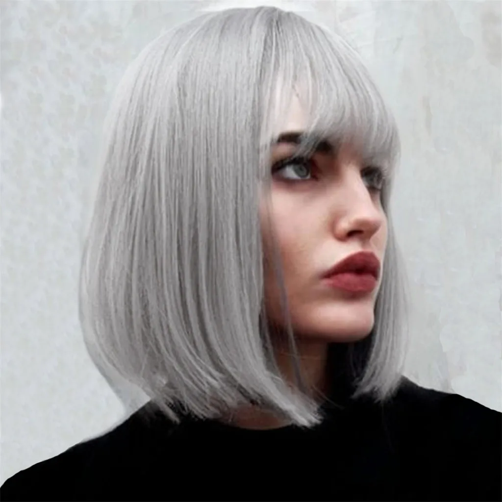 

Wig Stylish Lady With Long Silver Medium Hair With Bangs Straight Hair Wig Chemical Fiber Hair Wigs 12inches