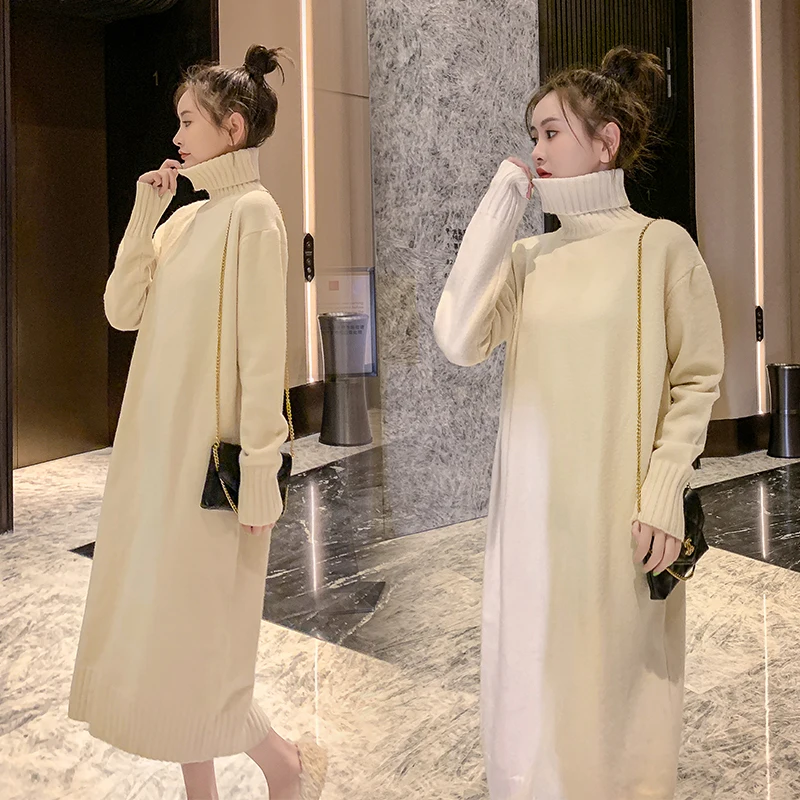 1012# Autumn Winter High Neck Knitted Maternity Long Sweaters Loose Straight Pullovers Dress Clothes for Pregnant Women Nursing