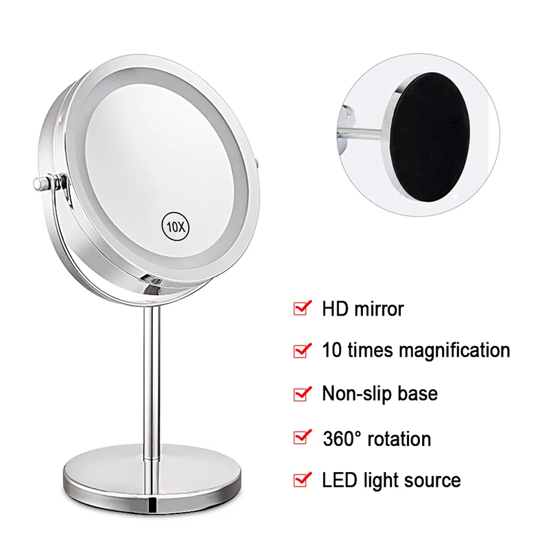 10x увеличение зеркало для макияжа 7 дюймов настольный Круглый 360 градусов вращение косметическое зеркало с светодиодный подсветкой