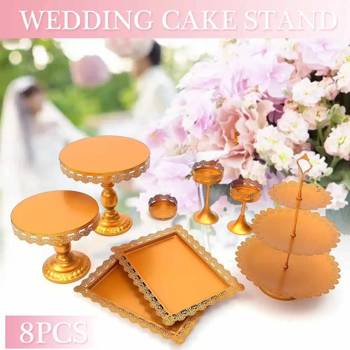 

8pcs Gold White Cake Stand Set Round Metal Crystal Cupcake Dessert Display Pedestal Wedding Party Display