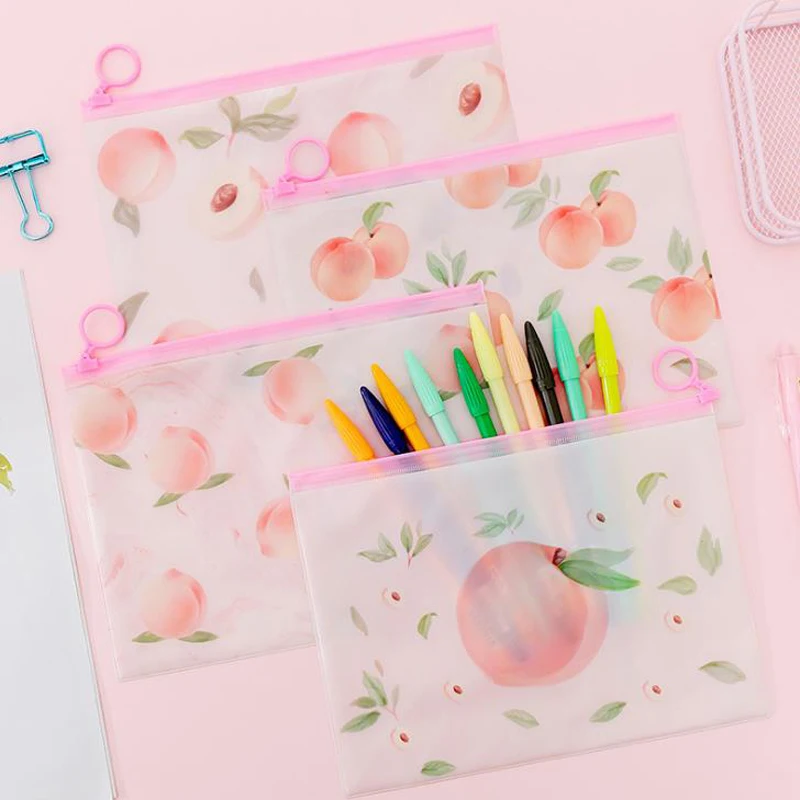 

1 Pcs Lovely Fruit Pink Peach Transparent PVC Document Bags File Folder Zipper Storage Organizer School Office Stationery Gift