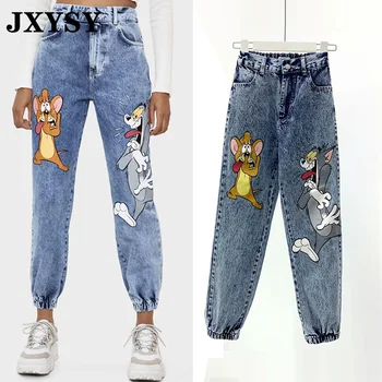 

JXYSY Jeans Women England Style High Street Vintage Cartoon Cat And Mouse Print High Waist Jeans Female Casual Denim Pants