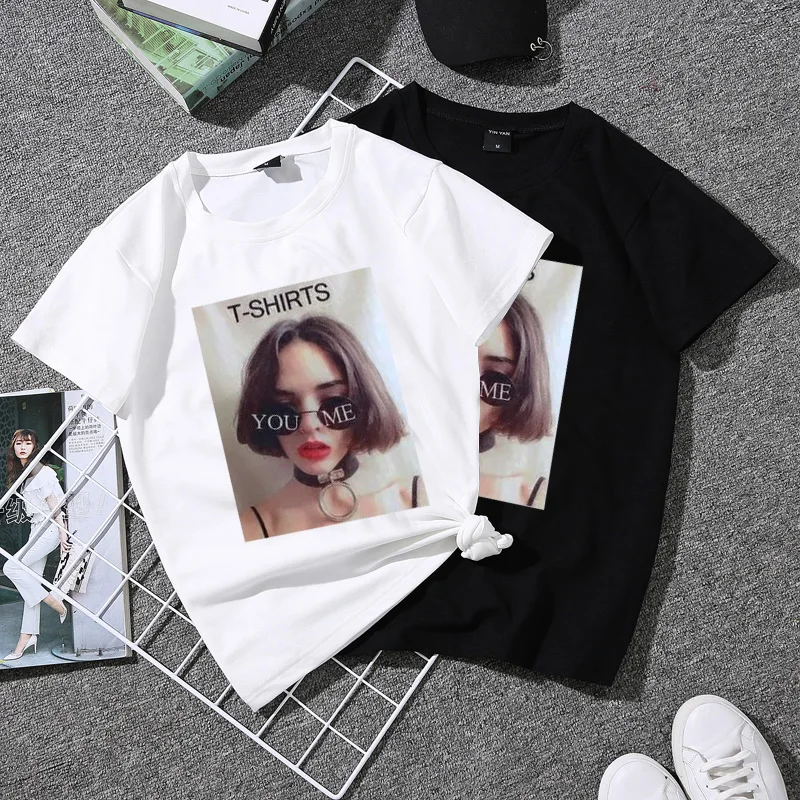 

2019 Summer New Women's T-shirt Korean Fashion Characters Print Loose Casual Graphic Female Tshirt Oversized Short Sleeve Tops