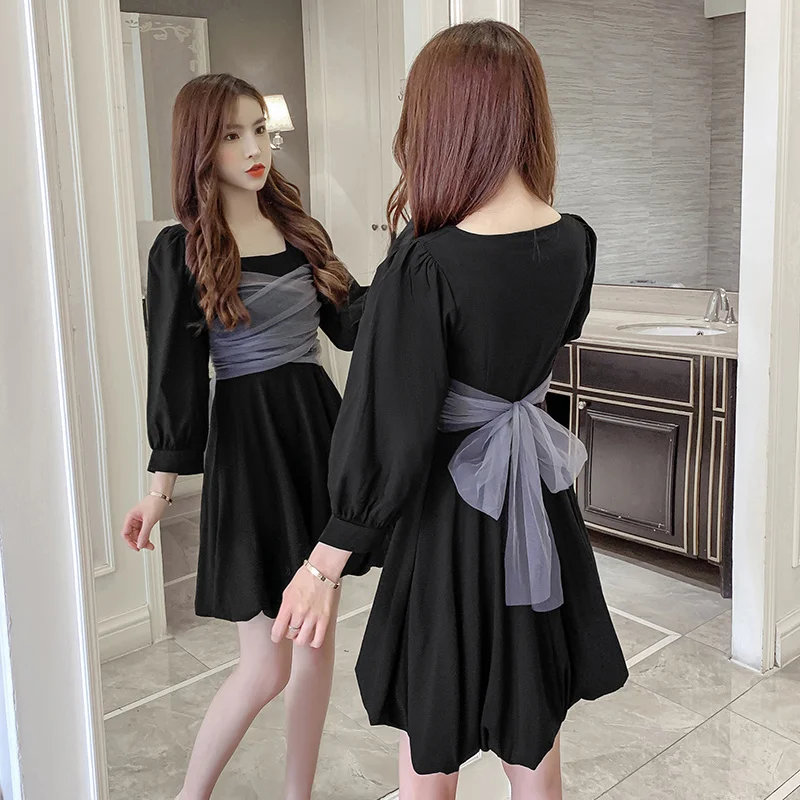 2021 Autumn Long Sleeve New Waist-Controlled Lace-Up Slimming Collar Base Mesh Stitching Small Black Dress | Женская одежда