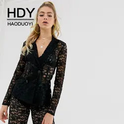 HDY Haoduoyi 2019 летняя модная женская одежда сексуальный стиль Глубокий v-образный вырез двубортный длинный рукав перспективный кружевной