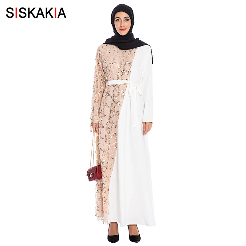 White dress Siskakia модное мусульманское платье с блестками и кисточками в стиле пэчворк, элегантные вечерние платья Рамадан, Арабские исламские платья, белые осенние - Цвет: White dress