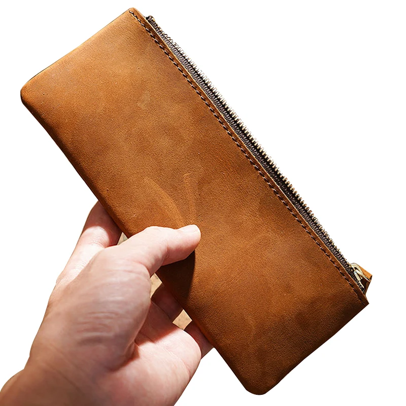 Retro Handmade Leather Zipper Pencil Case 100% Genuine Leather Large Capacity Pen Bag Holder School Stationary for Writing Tool 2