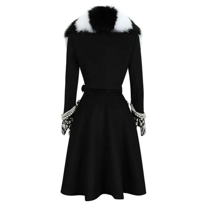 Fox Fur Pocket Houndstooth Plaid patchwork Women Wool Coat High Quality Warm Winter Top Coat Long Sleeve woolen coat
