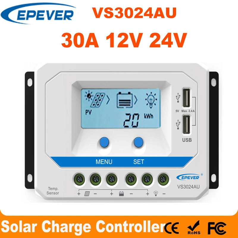 

EPever 30A Solar Charger Controller 12V 24V Auto Backlight LCD High Efficiency Solar Regulator PWM with Dual USB Output VS3024AU