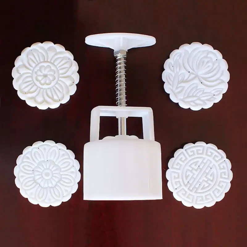 4pcs Hand Press Moon Cake Mold Chinese Cookie Stamp Moon Cake Decor Mould Barrel Mooncake Mold 100g DIY