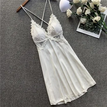 

Sexy nightdress Women Spring and Summer Lace Sleeping Skirt White Hollow Sling nightdress Silk plus size women sleep wear -AL