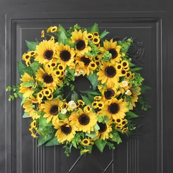 

1PC Artificial Sunflower Wreath Pendant Simulation Rattan Hoop Door Wall Ornament Garland Decoration