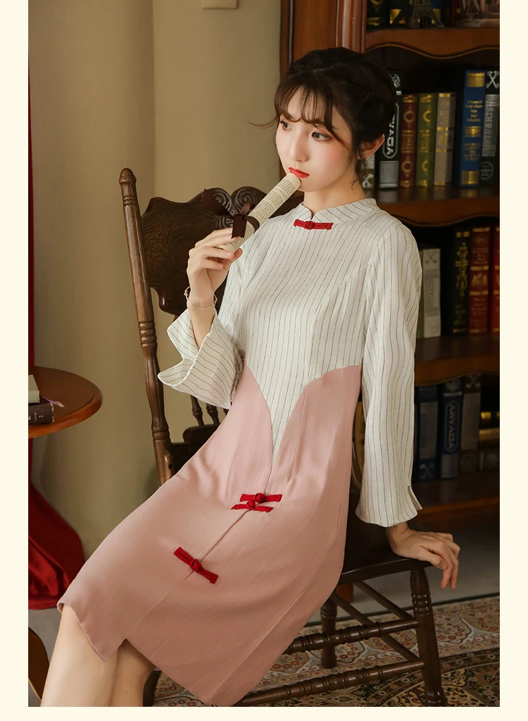 Осеннее новое оригинальное платье в национальном стиле qipao с отстроченными пуговицами, 7 минут, с рукавами, развивающее нравственное платье