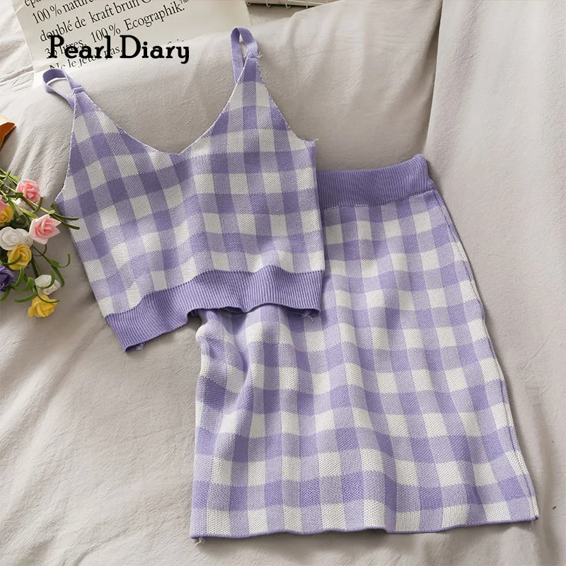 Pearl Diary Women Knit Plaid 2 Piece Set Crop Top Skirts Suits Sexy Camisole + Bodycorn Mini Skirts Vintage Reto Women Outfits pearl diary women knit plaid 2 piece set crop top skirts suits sexy camisole bodycorn mini skirts vintage reto women outfits