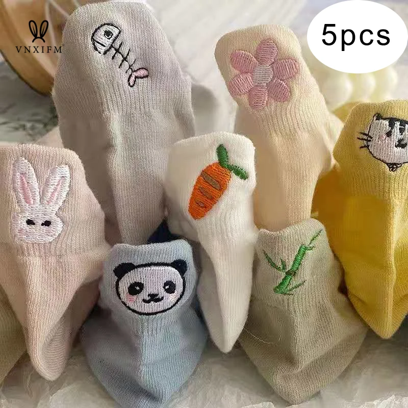 

5pcs/lot cotton embroidery cartoon women's socks rabbit panda cute shallow mouth ankle socks ins tide cute Japanese boat socks